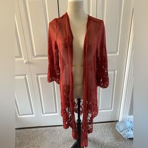 Daytrip Redish Sheer Lace-Trim Duster festival vibe small